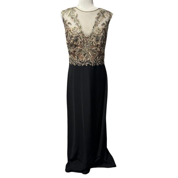 Tadashi Shoji Amel Evening Gown Black & Gold Embroidered Mesh Illusion Size 10 - Picture 2 of 8
